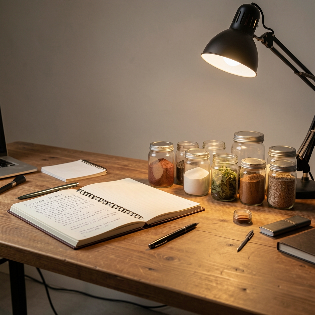 Warsaw studio workspace with open research notebooks, ingredient sample jars arranged on a wooden desk under warm studio lighting