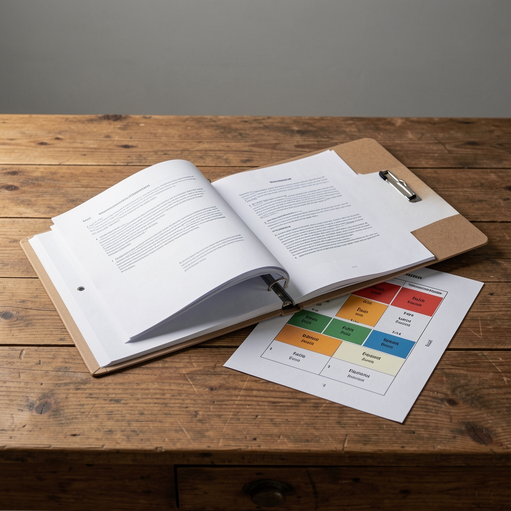 Formulation documentation binders open on a large wooden table, elemental profile charts visible under controlled studio lighting