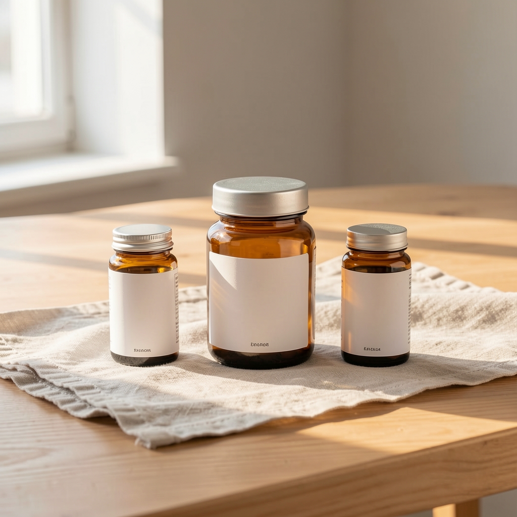 Arranged amber supplement containers on a linen surface with warm natural daylight, clean wooden tabletop, Warsaw studio setting