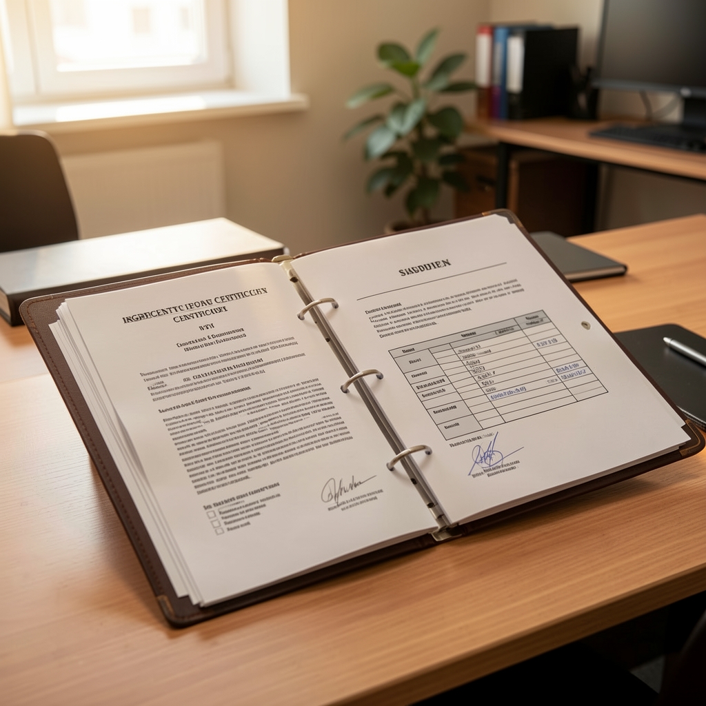 Supplier documentation folder open on a desk with ingredient certificates and chain-of-custody forms under warm office lighting, Warsaw