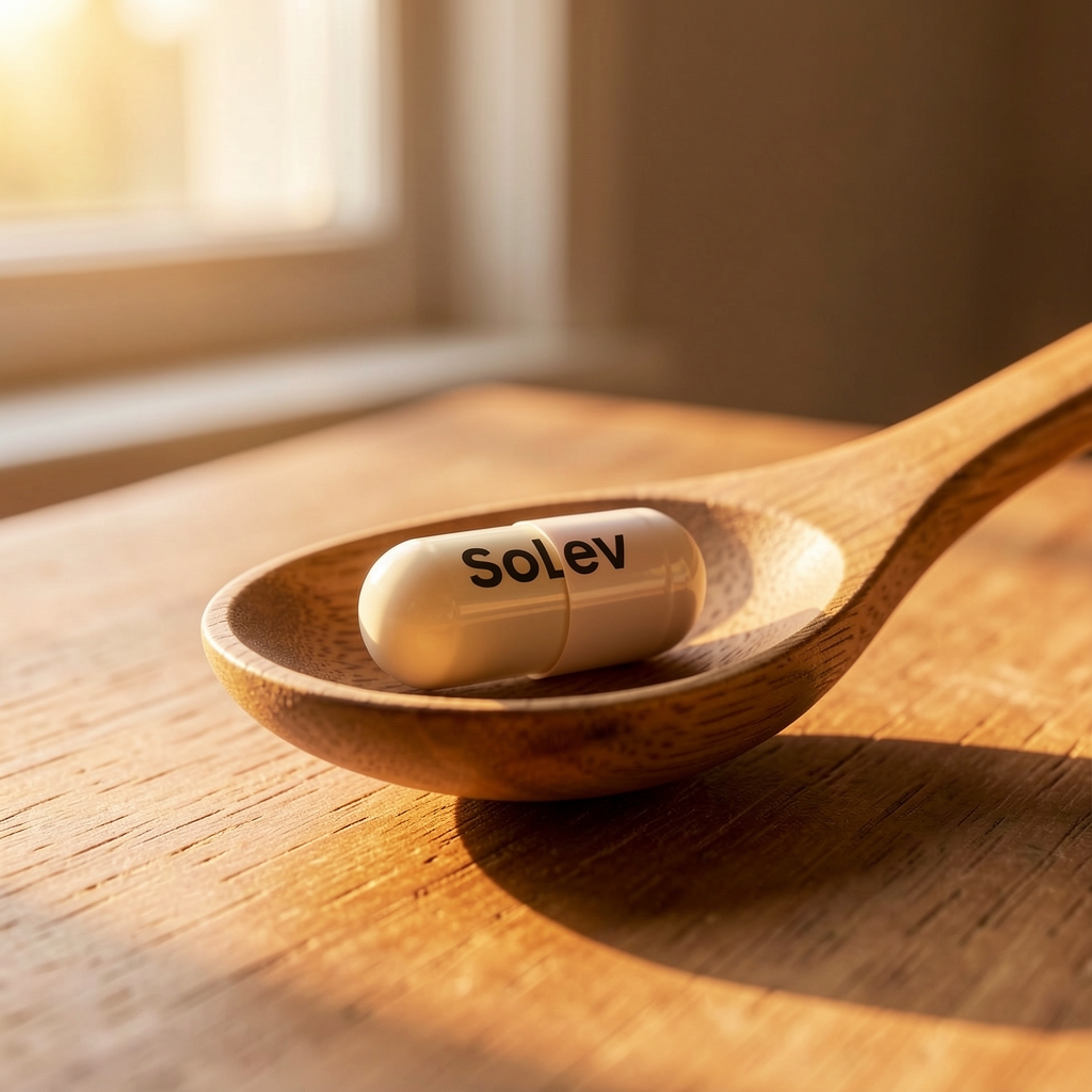 Close-up of Solev supplement capsule resting on a wooden spoon with morning light from a side window, warm amber tone