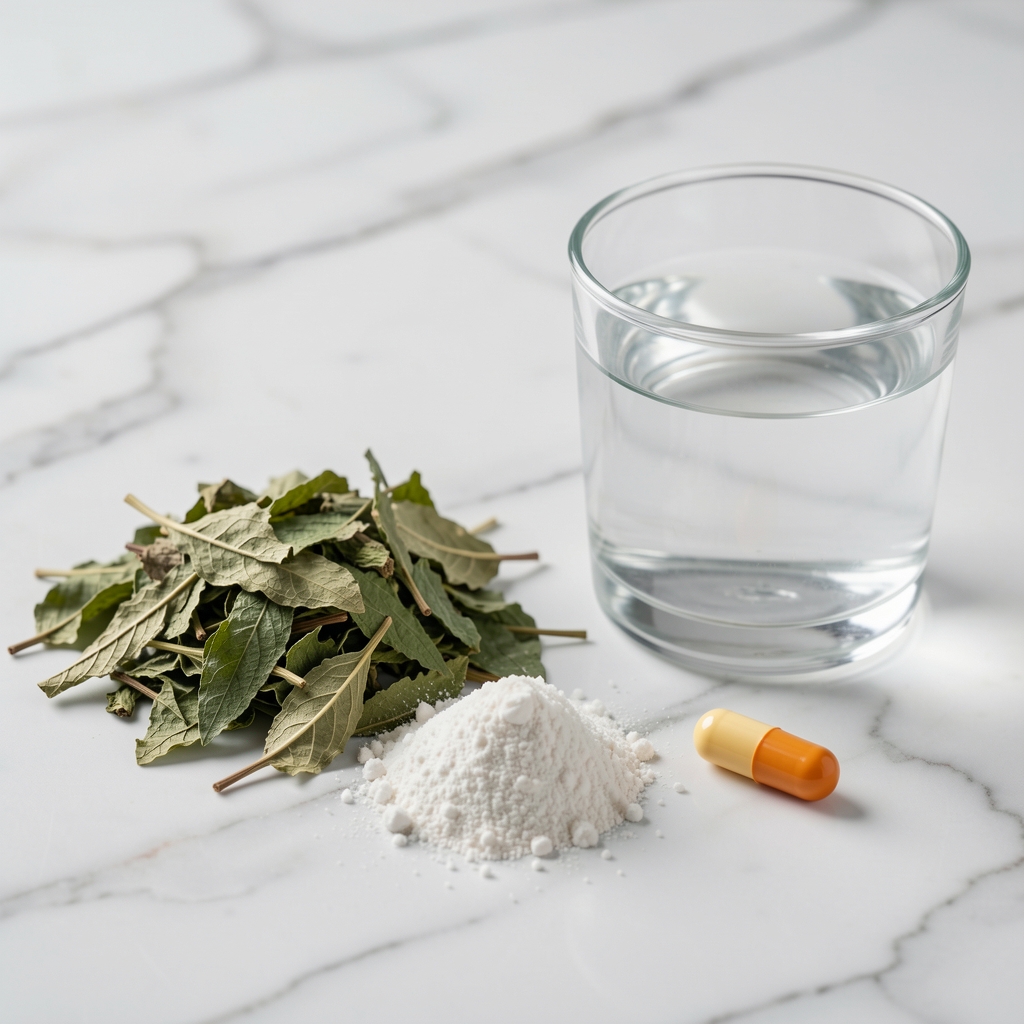 Plant-based ingredient sources arranged on a marble surface — dried green leaves, mineral powder, and vitamin capsule beside a glass of water